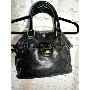 Elliott Lucca Black Leather Satchel Handbag Gold Hardware Turn Lock Pocket